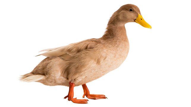 Khaki Campbell duck with brown feathers and bright yellow beak standing