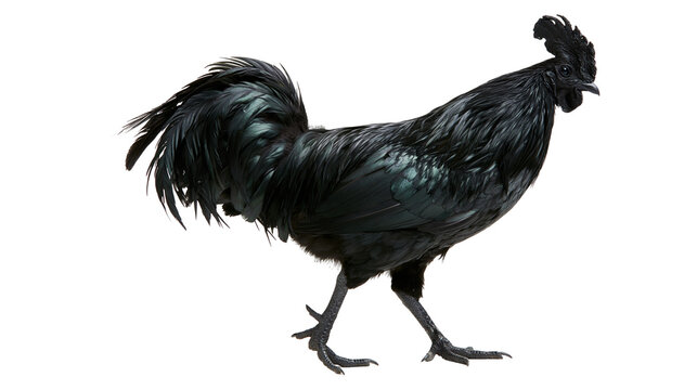 Full body side view of an Ayam Cemani rooster with solid black feathers and skin