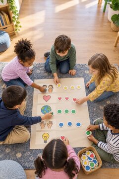 Children placing colorful stickers on a shared classroom poster
