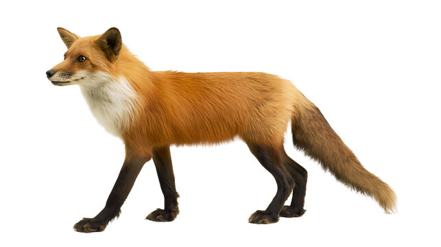 Red fox standing with orange fur and black legs looking to the side