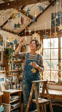Future celebration creator: anticipation look, forward progress, prepare ornament, happy vibe, New Year, 2027 date, star decoration, artist workshop, creative woman, winter festivity.