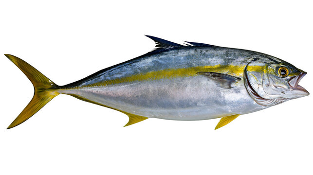 Fresh raw yellowtail scad fish with metallic scales and yellow lateral stripe