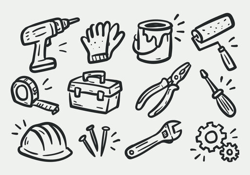 Hand drawn construction and handyman tool doodle icons with drill toolbox and helmet