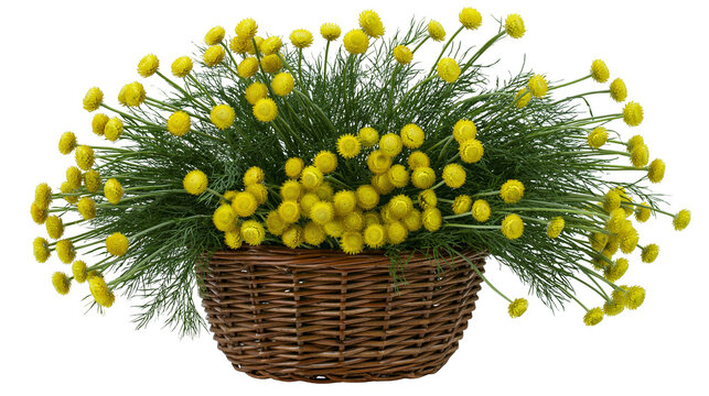 Bright yellow billy button flowers in a round woven brown wicker basket