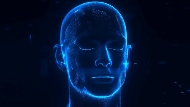 Glowing digital human face rotates subtly in a dark electronic environment. Technology presentations, artificial intelligence campaigns, and cybersecurity communication.