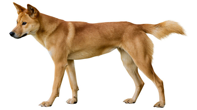 Golden brown Australian dingo standing in profile view