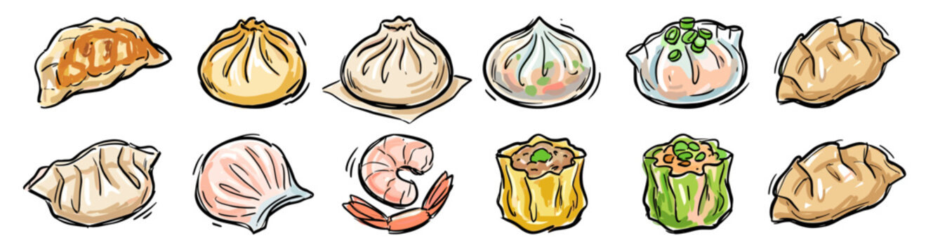 Set of hand-drawn Asian dumplings, dim sum, and gyoza in vector illustration style.