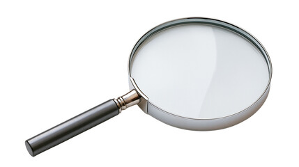 Handheld magnifying glass with silver metal frame and black plastic handle © Elowen