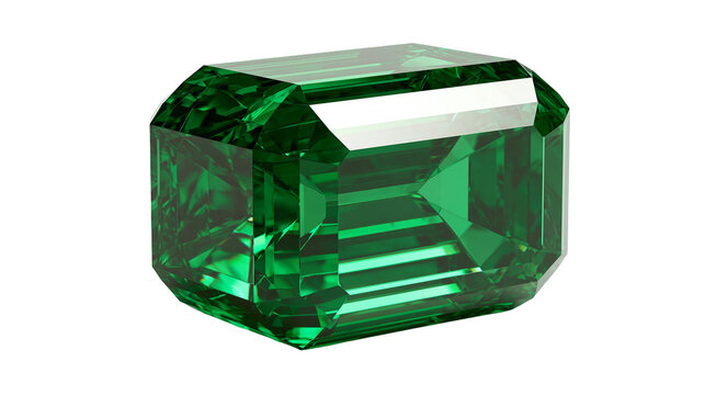 Emerald green gemstone with emerald cut and faceted surface