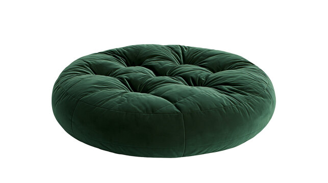 Round dark green velvet tufted floor cushion with button detail