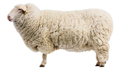 Fluffy white adult sheep with thick wool fleece and yellow ear tag © Elvin