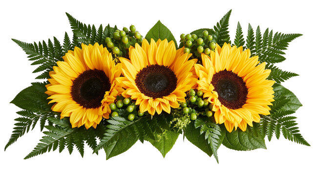 Three vibrant yellow sunflowers with green fern leaves and hypericum berries