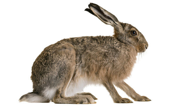 Brown European hare sitting in profile with long ears and textured fur