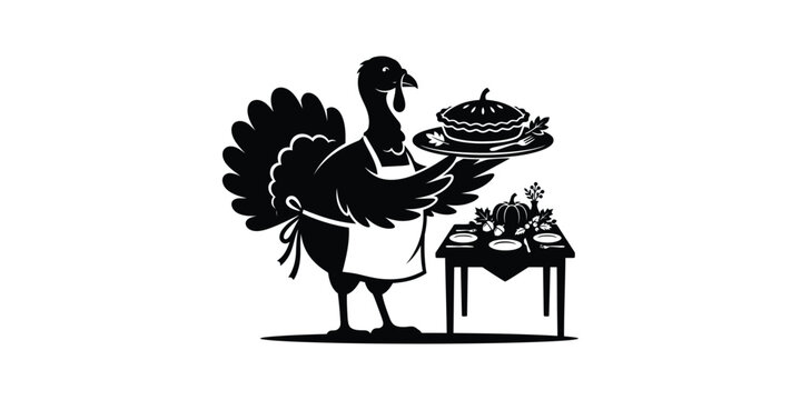 Whimsical black and white turkey character dressed as a chef presenting a pie at a festive Thanksgiving feast setup.