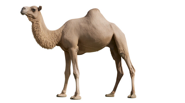Full body side view of a single humped dromedary camel standing