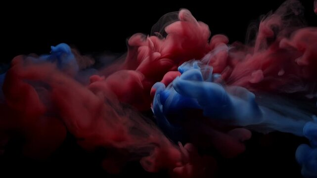 Red and blue ink clouds billow and swirl across a black background. Motion graphics, advertising transitions, and artistic compositing.