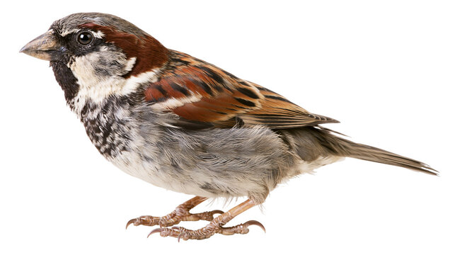 Male house sparrow with brown and grey feathers standing in profile