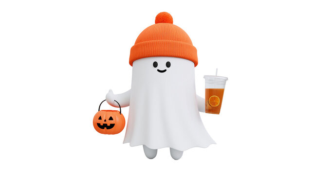 Cute white ghost wearing an orange beanie holding a pumpkin bucket and iced drink