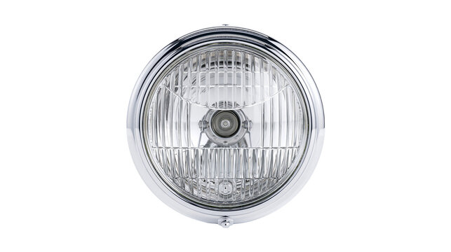 Round chrome motorcycle headlight with glass lens and metal housing