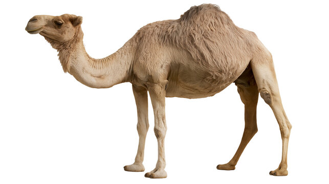 Full body side view of a single humped dromedary camel with light brown fur