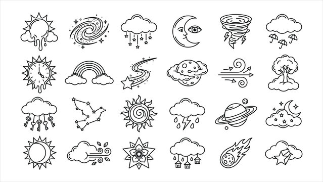 Outline vector surreal weather elements with upside down clouds melting suns and paradoxical cosmic shapes