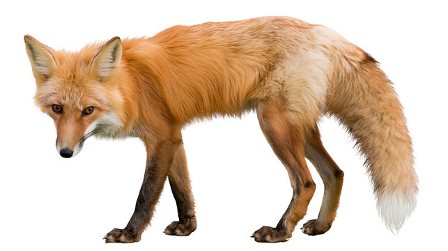 Full body side view of a red fox with thick orange fur and white tipped tail