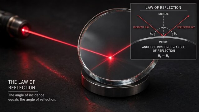 Laser beam reflecting off a surface mirror with a zoomed diagram inset illustrating the law of reflection with incident ray, reflected ray, and normal