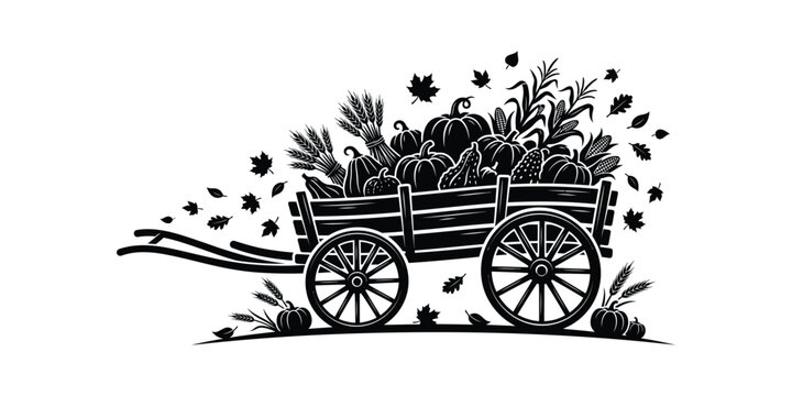 Black and white vector illustration of a rustic wagon loaded with autumn harvest items like pumpkins, corn, and leaves.