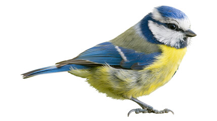 Eurasian blue tit bird with vibrant blue and yellow plumage standing profile © Isolde