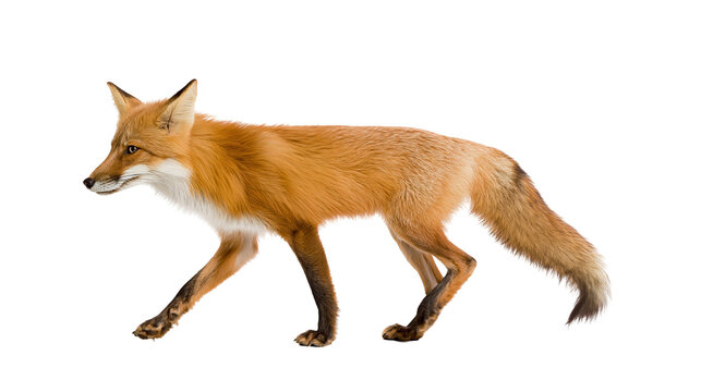 Full body side view of a red fox walking with thick orange fur and bushy tail