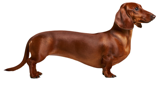 Smooth haired red dachshund dog standing in profile