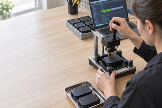 Technician operating an electronic device test fixture