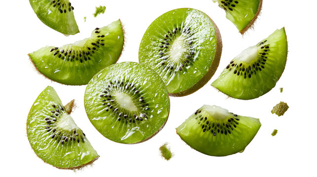 Fresh sliced kiwi fruit pieces with vibrant green flesh and black seeds