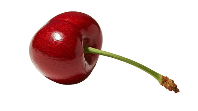 Single ripe red cherry with green stem and textured tip