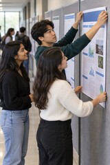 Fototapeta na wymiar Colleagues arranging research posters on a display board