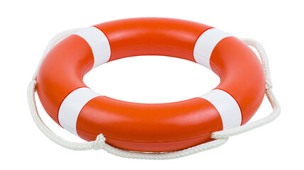Orange and white circular lifebuoy ring with attached white rope © Isolde