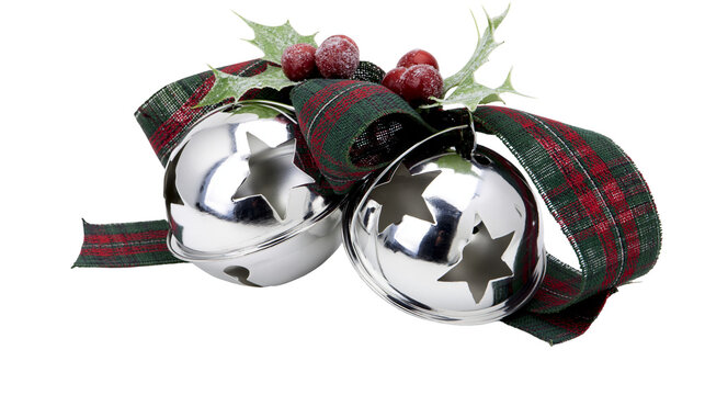 Shiny silver jingle bells with star cutouts and plaid ribbon with holly berries