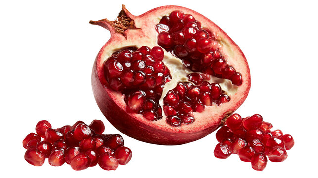 Fresh halved pomegranate fruit with bright red juicy arils and seeds