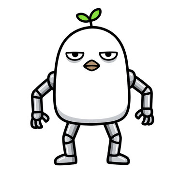 Cute Sprout Character Standing in Robot Pose Blank Expression Isolated on White Background