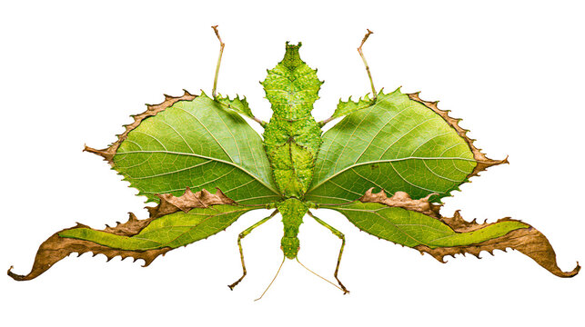 Green leaf insect with brown withered edges resembling a foliage mimicry