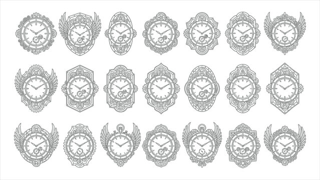Steampunk vector badge kit with Victorian chronometer frames mechanical gears and clockwork wings