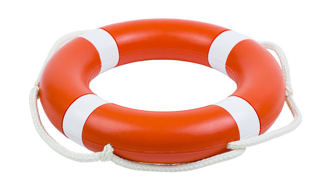 Orange and white circular lifebuoy ring with attached white rope