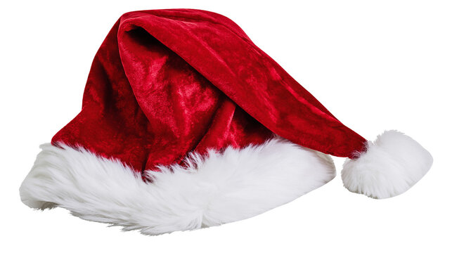 Red velvet Santa Claus hat with white fluffy faux fur trim and pompom