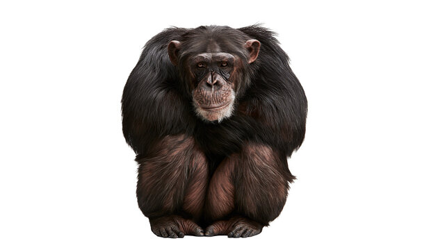 Adult chimpanzee sitting with thick dark fur and expressive face