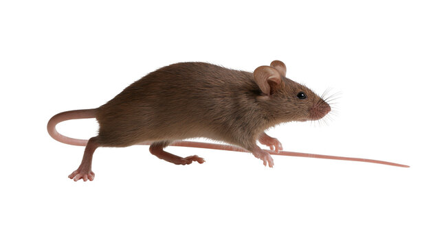 Small brown house mouse with long tail and whiskers standing in profile