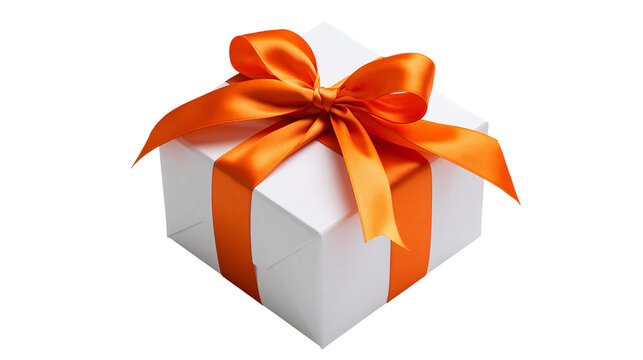 Square white gift box with vibrant orange satin ribbon bow