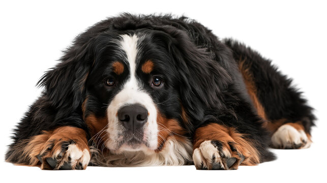 Bernese Mountain Dog lying down with tricolor fur coat