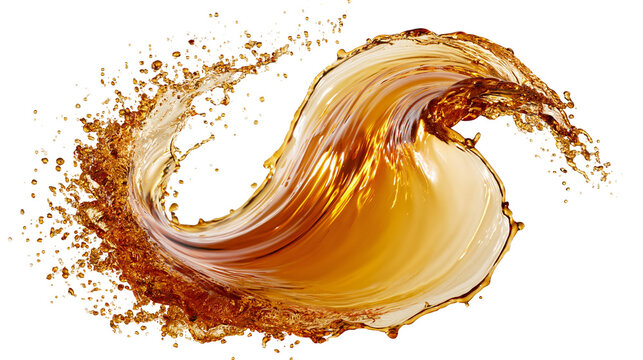 Dynamic swirling splash of amber liquid with droplets and motion waves