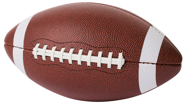 Brown leather American football with white stripes and laces