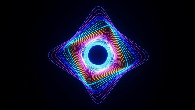 Neon geometric rings rotate and morph in a dark abstract digital space. Technology presentation, music visualizers, and event screen graphics.